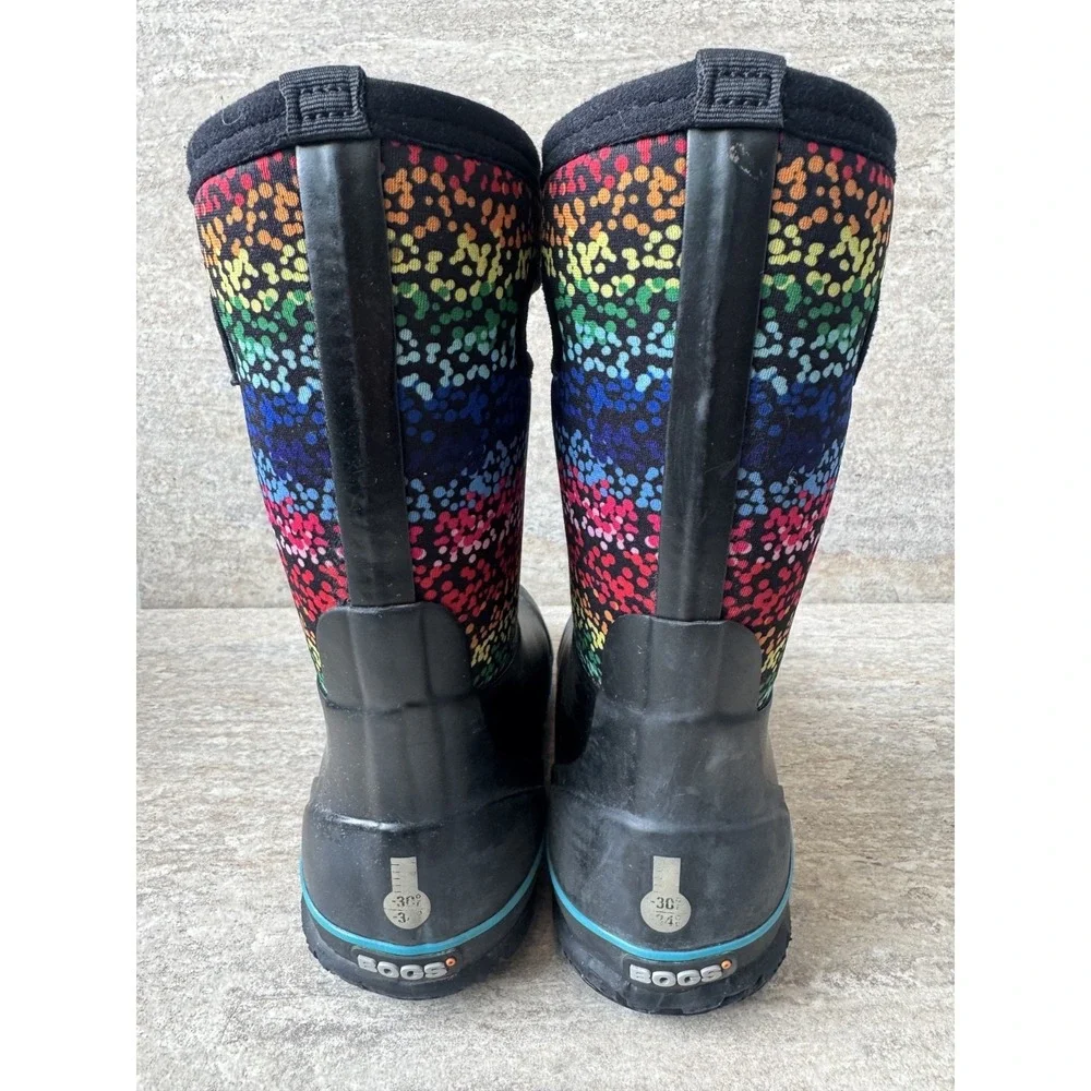 Bogs Youth Classic Rain Snow Boots Black Rainbow Insulated Waterproof Sz 5 EU 38